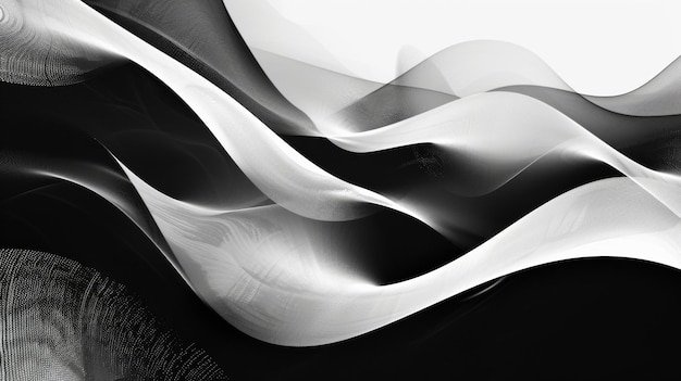 L'image montre une conception abstraite de formes ondulées coulantes en noir et blanc avec un sens du mouvement et de la grâce des formes géométriques noires et blanches coulant des vagues en arrière-plan