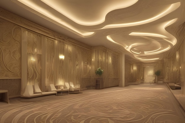 L'image montre une conception intérieure d'hôtel sophistiquée qui est sûre de laisser les visiteurs hypnotisés