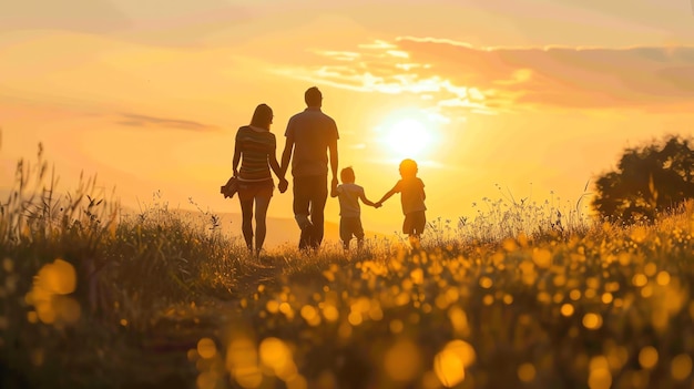 L'image montre une famille de quatre personnes marchant dans un champ d'herbe haute au coucher du soleil. Le soleil se couche derrière eux jetant une lueur chaude sur la scène.