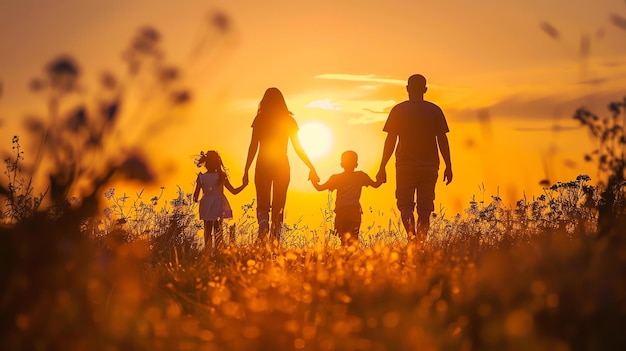 L'image montre une famille de quatre personnes marchant dans un champ d'herbe haute Le soleil se couche et le ciel est d'une couleur dorée chaude