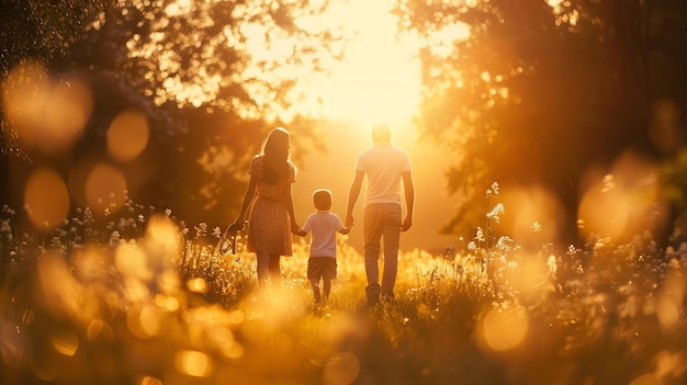 L'image montre une famille de trois personnes marchant main dans la main à travers un champ d'herbe haute le soleil se couche et le ciel est un orange doré chaud