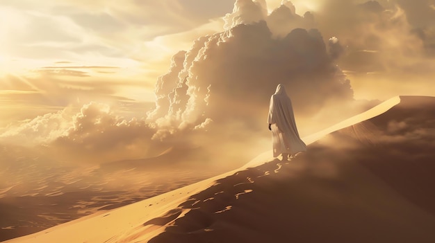 L'image montre une figure solitaire debout sur une dune de sable au milieu d'un vaste désert