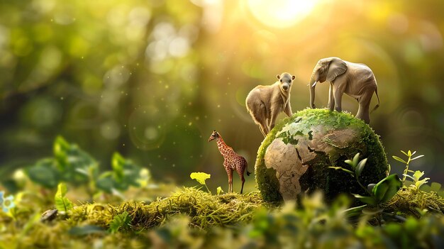 Photo l'image montre une girafe, un éléphant et un ours polaire sur un globe vert. les animaux se tiennent dans une forêt verte luxuriante.