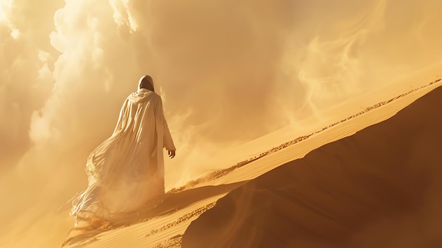L'image montre un homme en robe blanche marchant à travers un désert l'homme porte une robe blanche et un turban blanc