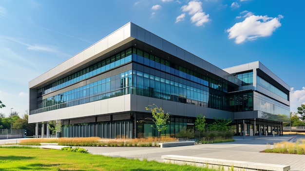 L'image montre un immeuble de bureaux moderne avec une grande façade en verre. Le bâtiment est entouré d'arbres et de pelouses vertes.