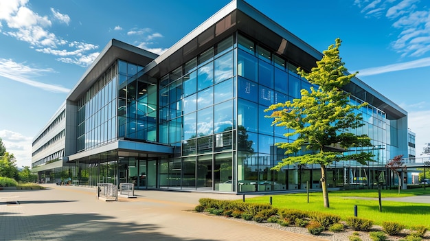 L'image montre un immeuble de bureaux moderne avec une grande façade en verre reflétant le ciel