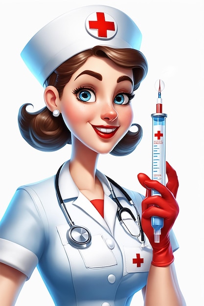 Photo l'image montre une infirmière de dessin animé avec une grande seringue l'infirmière porte une robe bleue et une blanche