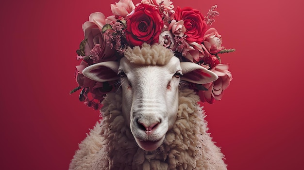 Cette image montre un mouton blanc avec une couronne de roses rouges et roses sur la tête Le mouton regarde la caméra avec une expression sereine