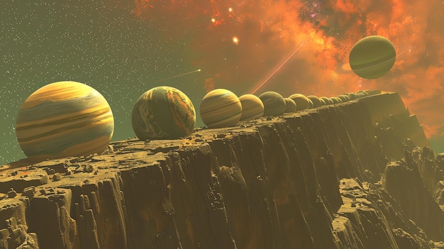 Photo l'image montre un paysage surréaliste avec une série de planètes ou de grandes sphères flottant au-dessus d'une falaise rocheuse