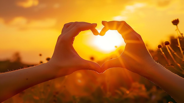 L'image montre une personne faisant une forme de cœur avec ses mains Le soleil se couche en arrière-plan jetant une lueur chaude sur la scène
