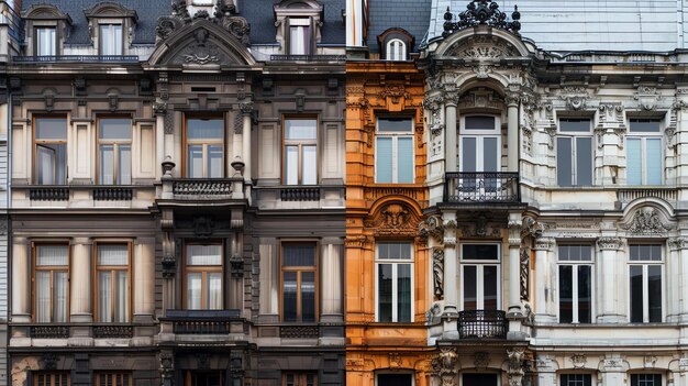 Photo l'image montre une rangée de quatre vieux bâtiments avec des façades ornées