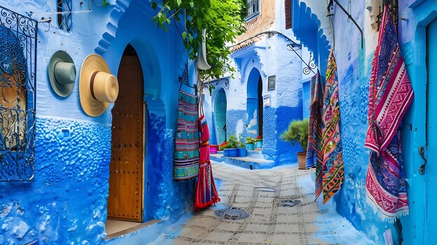 Cette image montre une rue étroite dans la ville de Chefchaouen au Maroc