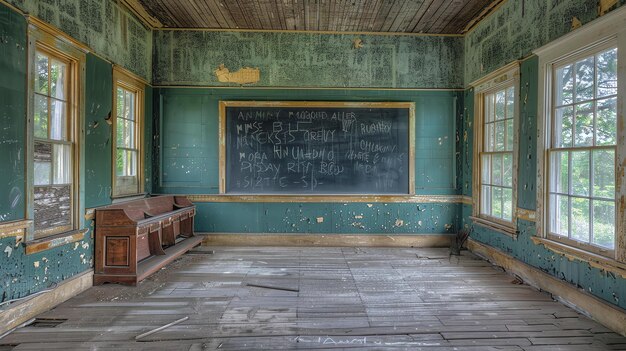 Photo l'image montre une salle de classe abandonnée avec un tableau noir, des bancs en bois et des fenêtres.