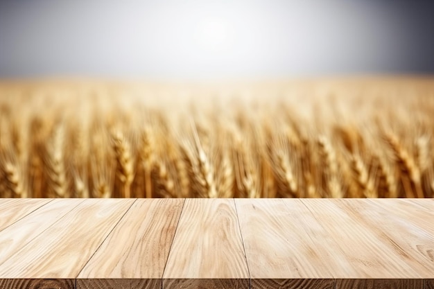 L'image montre une table brune en bois vide avec un fond flou de ferme et de grange.