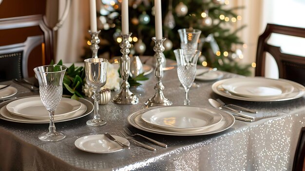 L'image montre une table magnifiquement disposée avec une nappe en argent, des assiettes blanches et des couverts en argent.