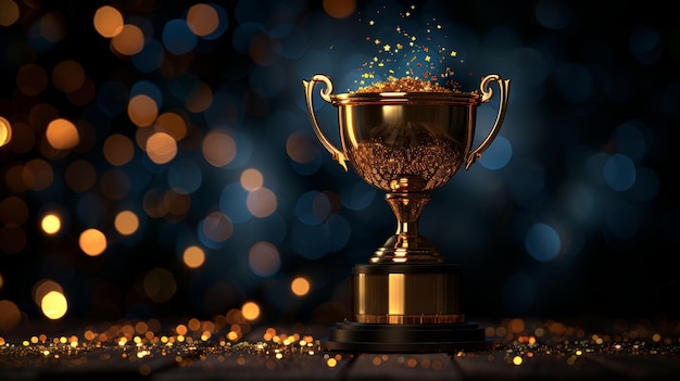 L'image montre un trophée avec des lumières scintillantes abstraites sur une table en bois et un fond sombre