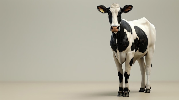 Photo cette image montre une vache debout sur un fond beige. la vache est noire et blanche avec un nez rose et des yeux noirs. elle regarde la caméra.