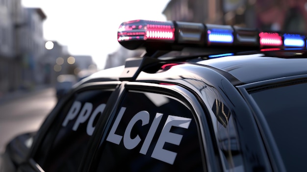 Photo l'image montre une voiture de police avec ses lumières allumées la voiture est noire et blanche avec le mot police écrit sur le côté en lettres blanches