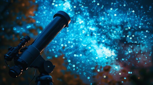 Cette image montre une vue du ciel nocturne à travers un télescope. Le télescope est pointé vers le haut sur un ciel bleu foncé rempli d'étoiles brillantes.