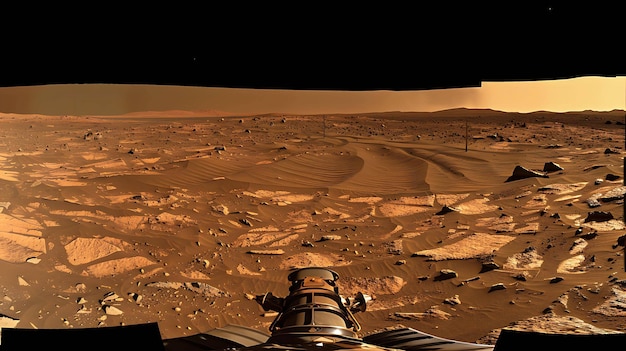 Cette image montre une vue panoramique de la surface de Mars. La scène est un vaste désert stérile avec quelques petites roches et cratères visibles.
