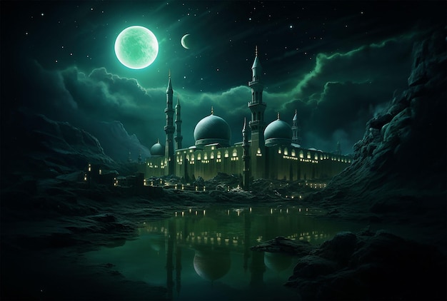Photo image de mosquée arabe avec fond de désert et de lune