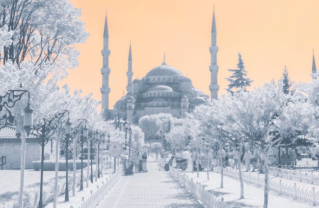 Photo une image d'une mosquée avec un ciel orange clair en arrière-plan