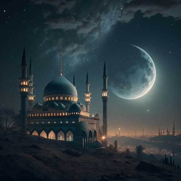 Une image d'une mosquée avec la lune en arrière-plan.