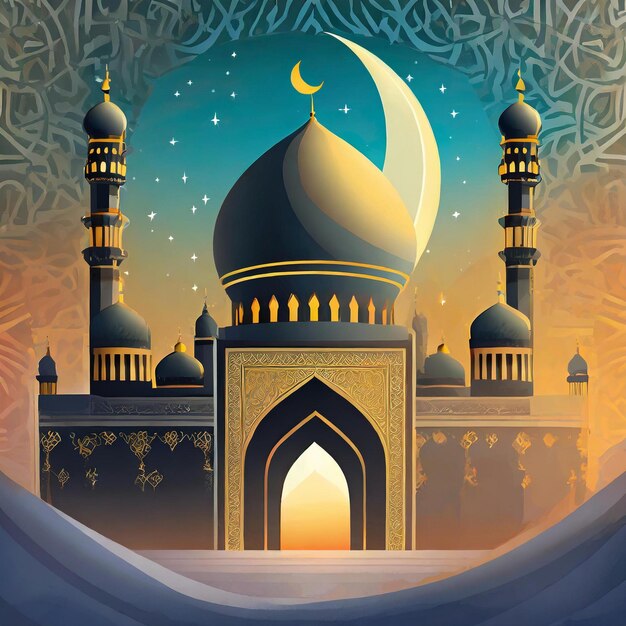 une image d'une mosquée avec une lune et une mosquée en arrière-plan