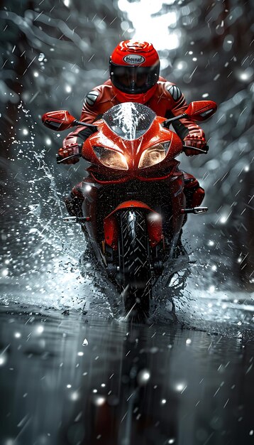 une image d'une moto avec un casque rouge et un casque noir et argent