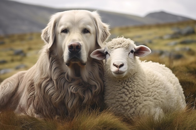 Photo image d'un mouton et d'un chien labrador montrant l'amitié animaux illustration générative de l'ia