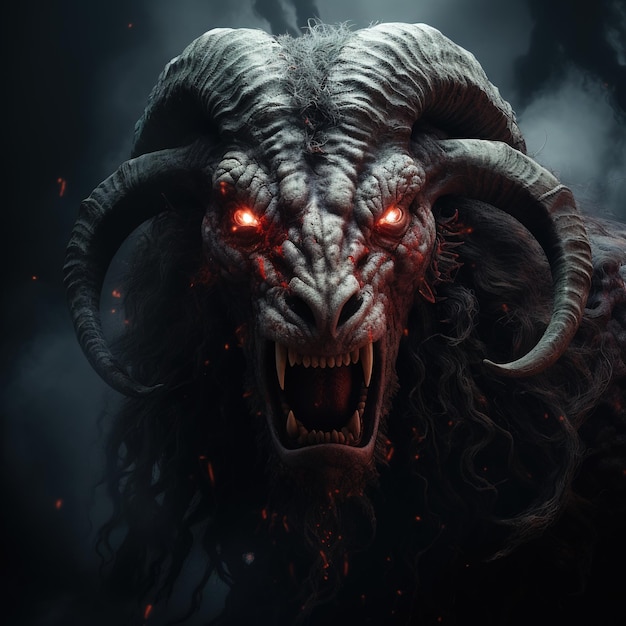 Image d'un mouton démoniaque en colère terrifiant avec des flammes et de la fumée sur un fond sombre Animaux de ferme Illustration IA générative