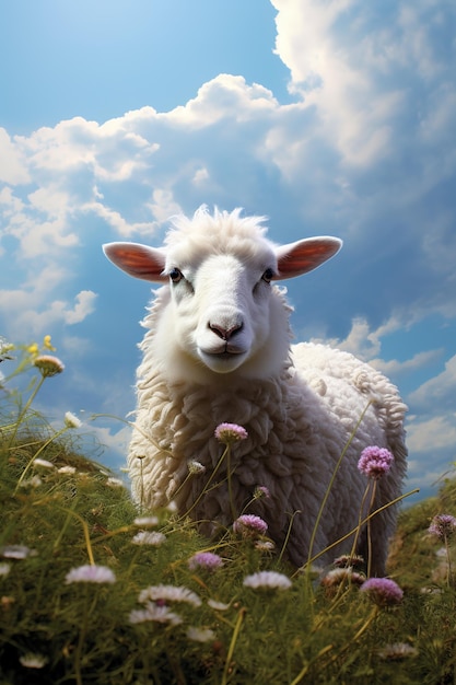 Image de moutons dans un magnifique champ de fleurs Illustration générative des animaux de ferme