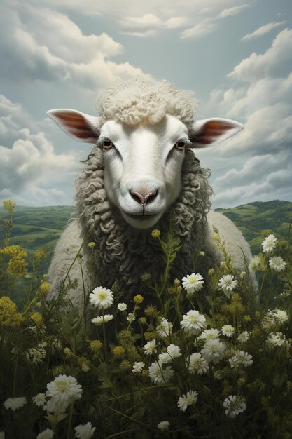 Image de moutons dans un magnifique champ de fleurs Illustration générative des animaux de ferme