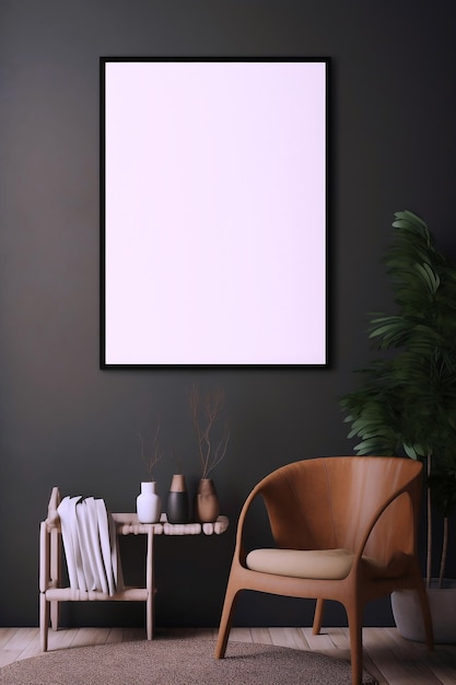 Une image sur un mur dans un salon avec une chaise et une table avec une plante dessus.