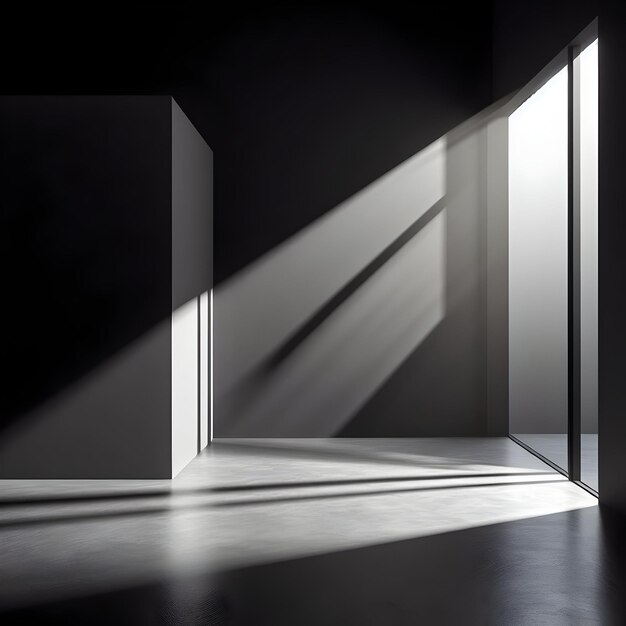 Image d'un mur noir et d'un sol lisse avec l'ombre de la fenêtre et l'éclat du soleil