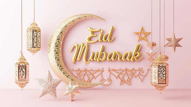 image d'un mur rose décoré d'images de lunes, d'étoiles, de lanternes et des mots Eid Mubarak