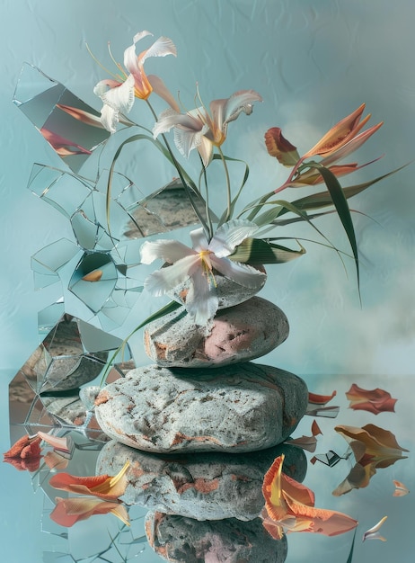 Une image de nature morte d'un bouquet de fleurs et de pierres avec un miroir en arrière-plan