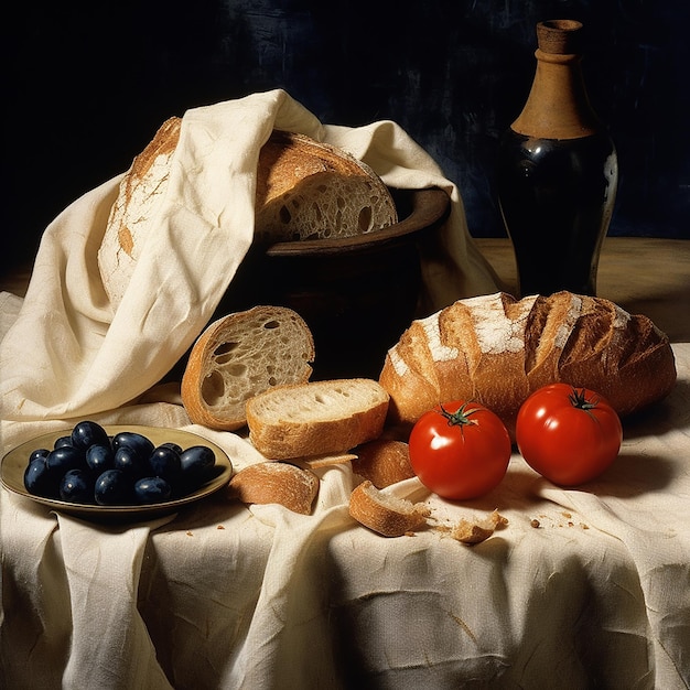 Une image de nature morte avec du pain, des tomates, des olives, un tissu drapé et une cruche sombre sur une table