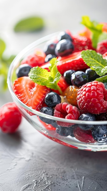 Une image nette mettant en vedette un mélange de baies d'été avec des fraises, des bleuets et des framboises accentuées par des feuilles de menthe verdoyantes sur un fond gris moderne