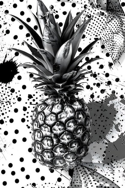 une image en noir et blanc d'un ananas avec un fond noir et blanc