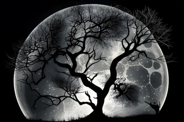 Une image en noir et blanc d'un arbre avec la lune en arrière-plan.