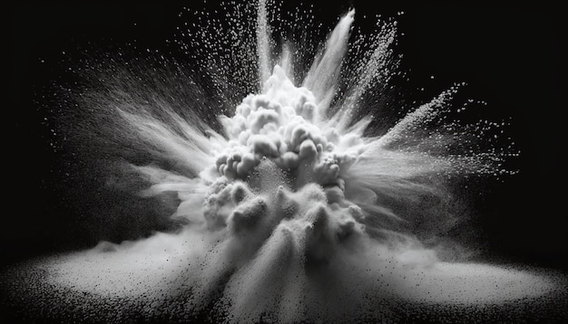 Une image en noir et blanc d'une boule de poussière et d'une explosion blanche.