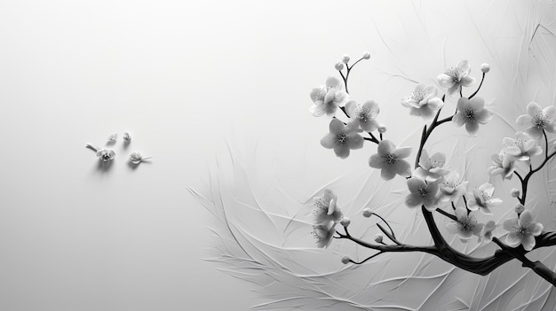 Une image en noir et blanc d'une branche de cerisier en fleurs sur un fond blanc Vente de printemps