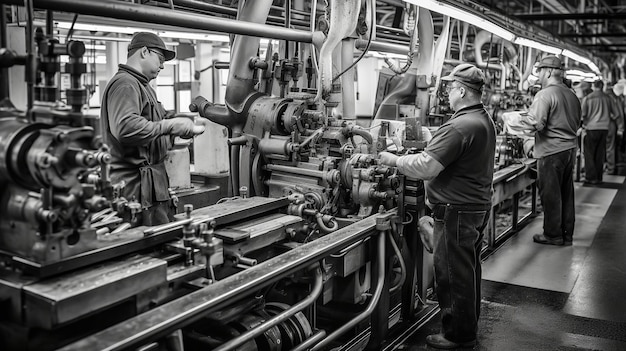 Image en noir et blanc d'une chaîne de montage présentant la deuxième révolution industrielle