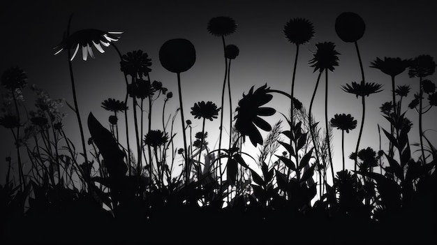 Photo une image en noir et blanc d'un champ de fleurs avec le mot amour dessus.