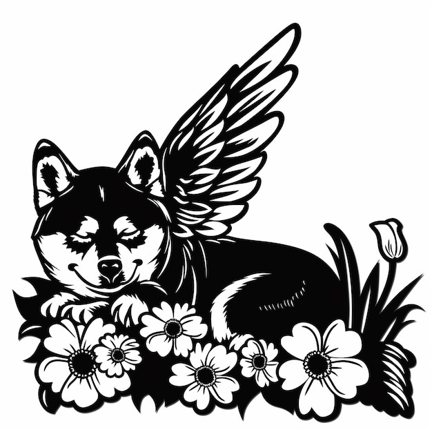 Photo une image en noir et blanc d'un chat avec des ailes et des fleurs