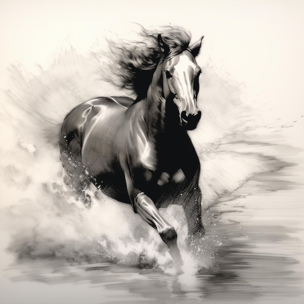 une image en noir et blanc d'un cheval courant dans l'eau