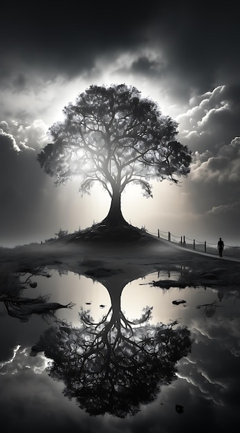 une image en noir et blanc d'un ciel nocturne avec un arbre et un reflet