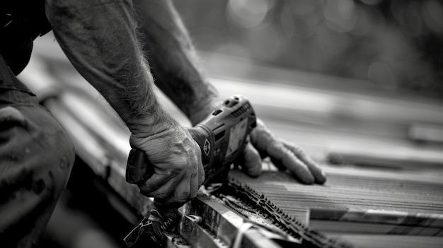 Photo une image en noir et blanc d'un couvreur mains chacune tenant un outil différent l'un saisissant un pistolet à clous le