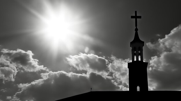 Photo l'image en noir et blanc d'une croix et d'un ciel nuageux avec le soleil brillant le concept de religion